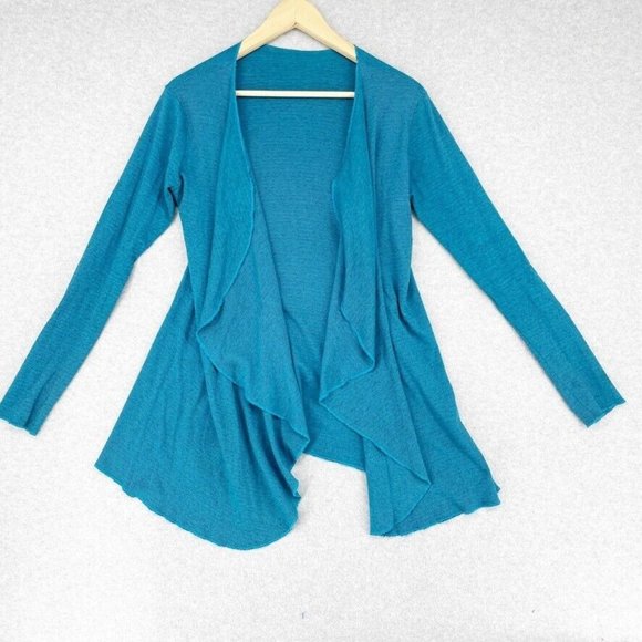 Sucre Soir Women Cardigan Sweater Jersey Teal Blue Stripe Size Small Drape Top - Picture 1 of 9